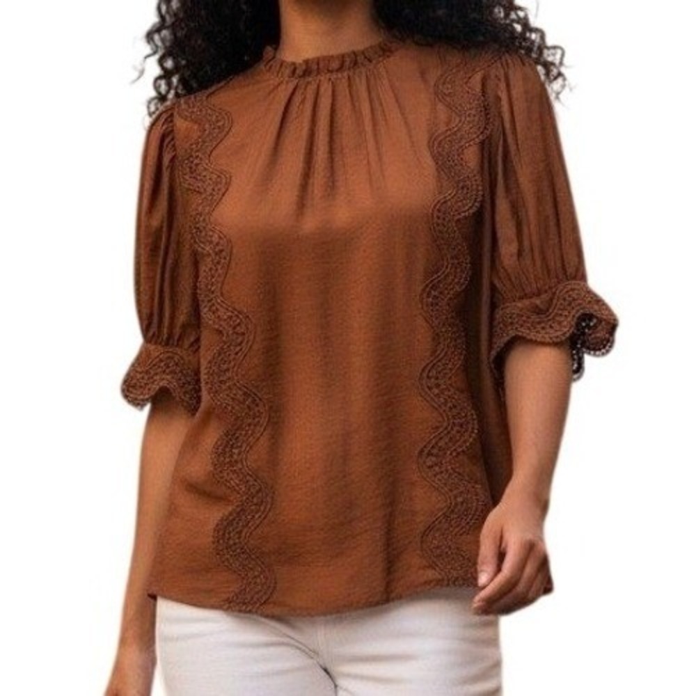 EXPRESS Chocolate Brown Crochet Trim Puff Sleeve Ruffle Neck Blouse NWT‎ $54 XS
